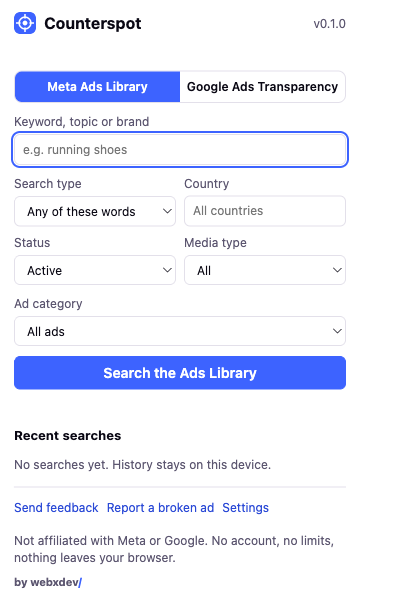 The extension popup: a search box, filters for country, status, media type and ad category, and a Search the Ads Library button.